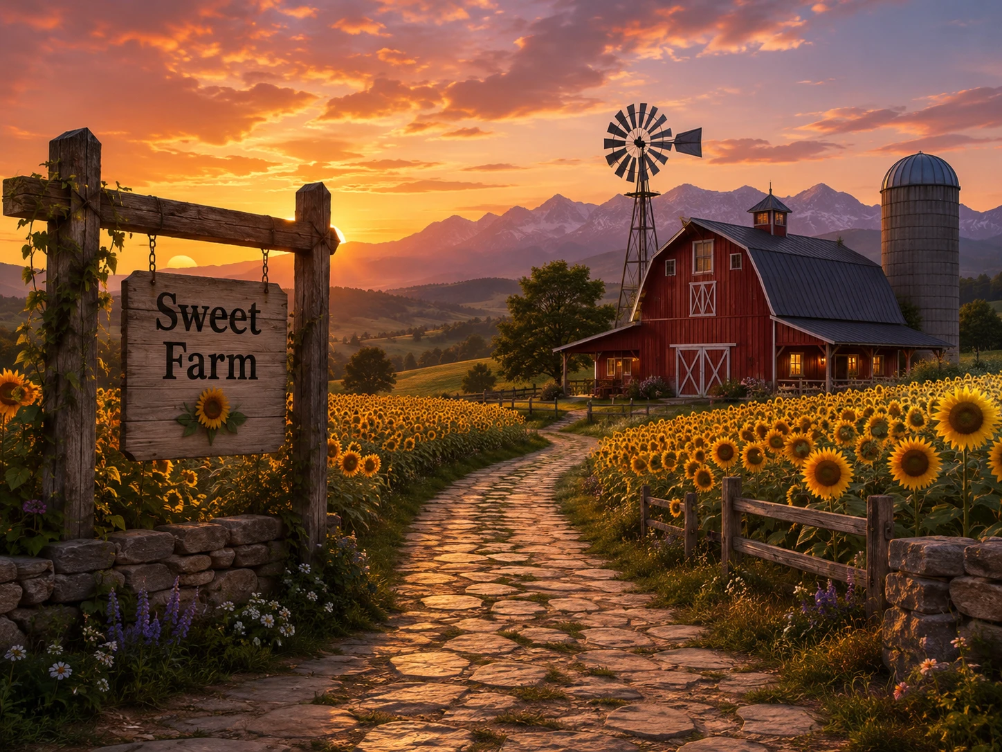 Ferme de campagne au coucher du soleil avec grange rouge et allée de tournesols