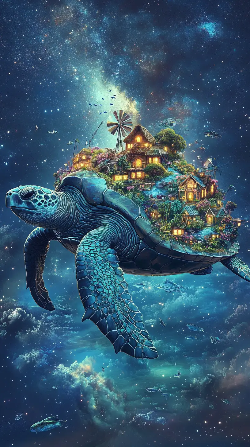 Île gigantesque tortue de mer dérivant sur un océan calme