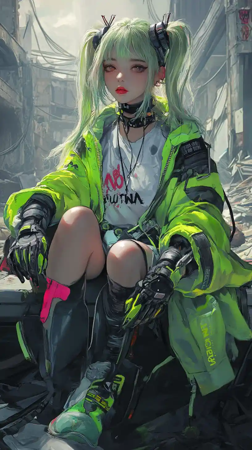 Chica de anime en un banco en una ciudad futurista en ruinas
