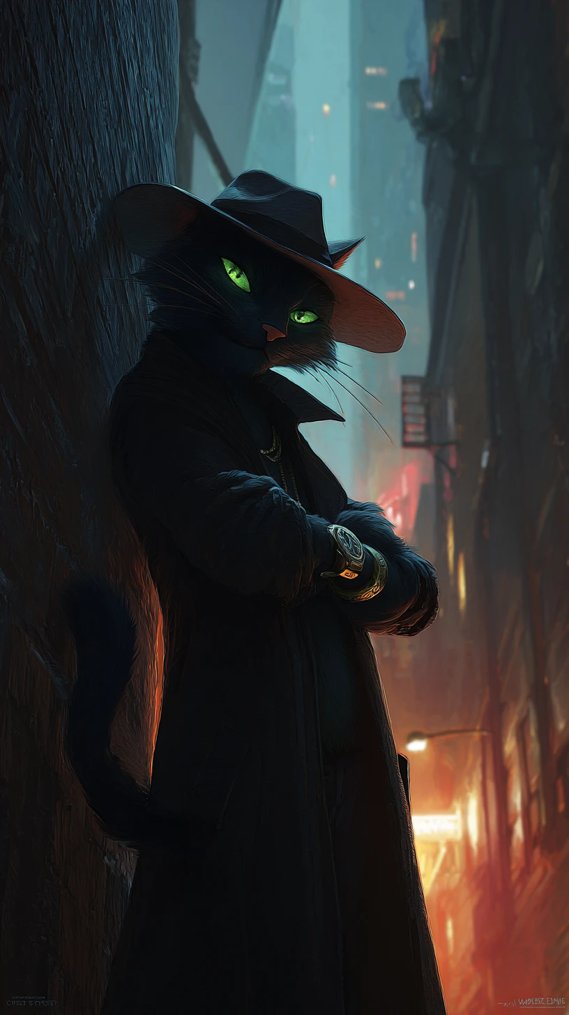 Chat gangster avec fedora posant dans une ruelle sombre