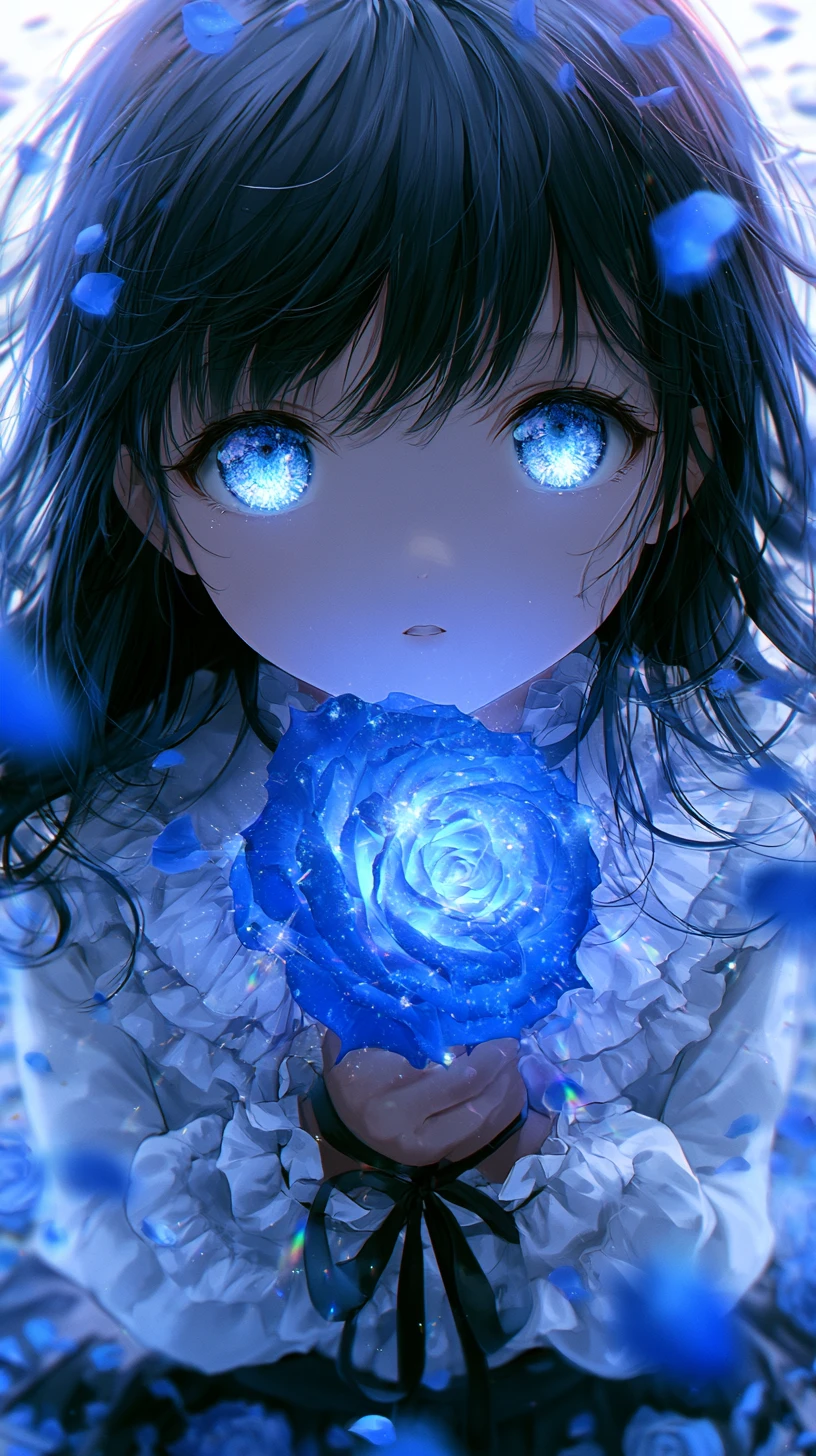 Ragazza anime che tiene una rosa blu luminosa tra i petali