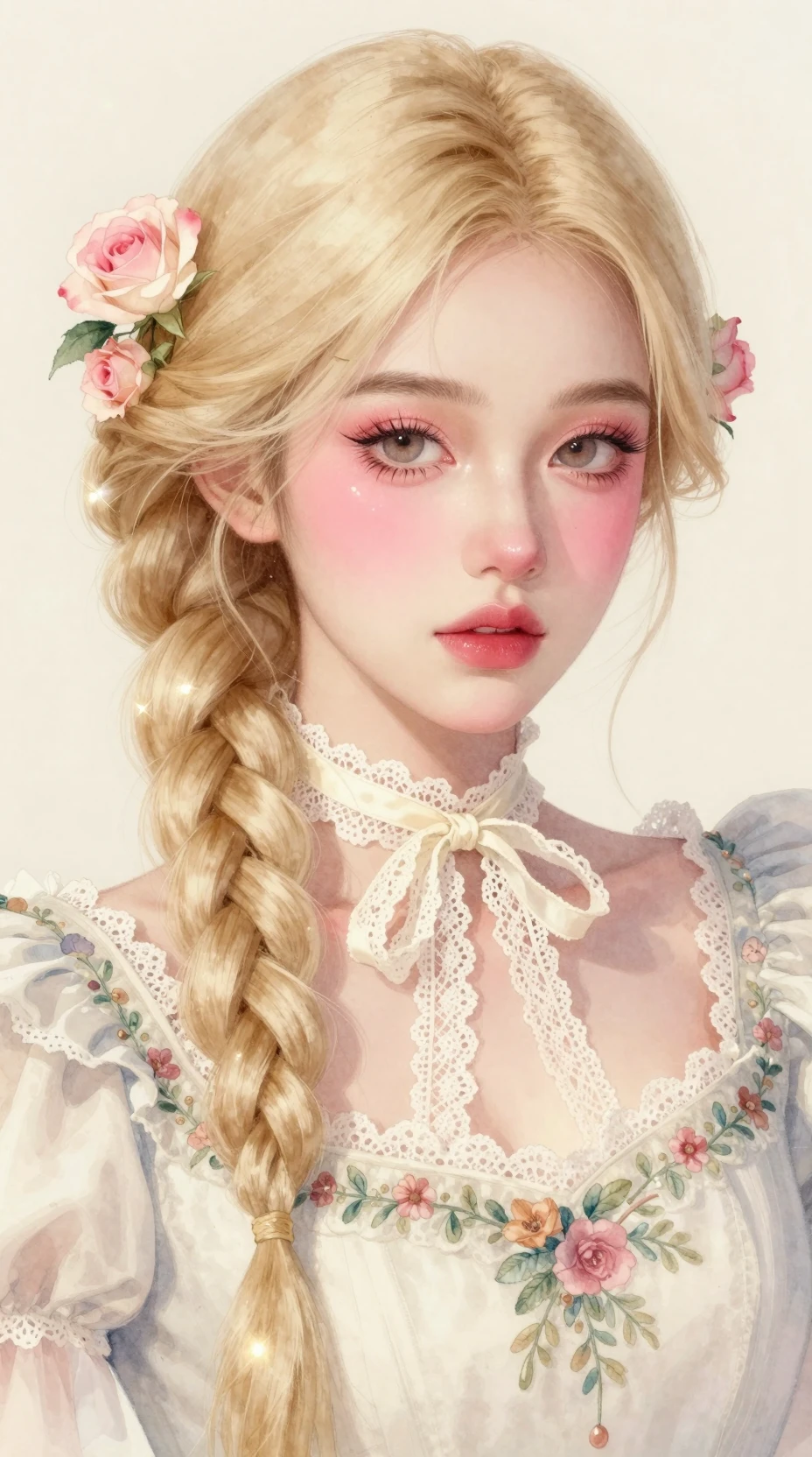 編髮金髮少女與玫瑰的水彩人像