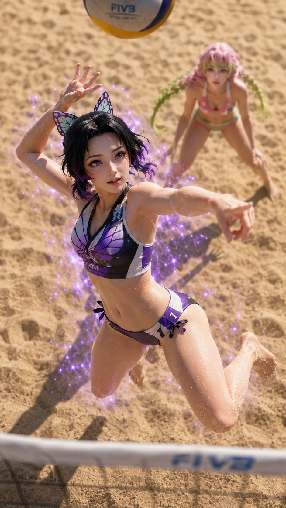 Smash de beach-volley anime vu d’un angle plongeant spectaculaire