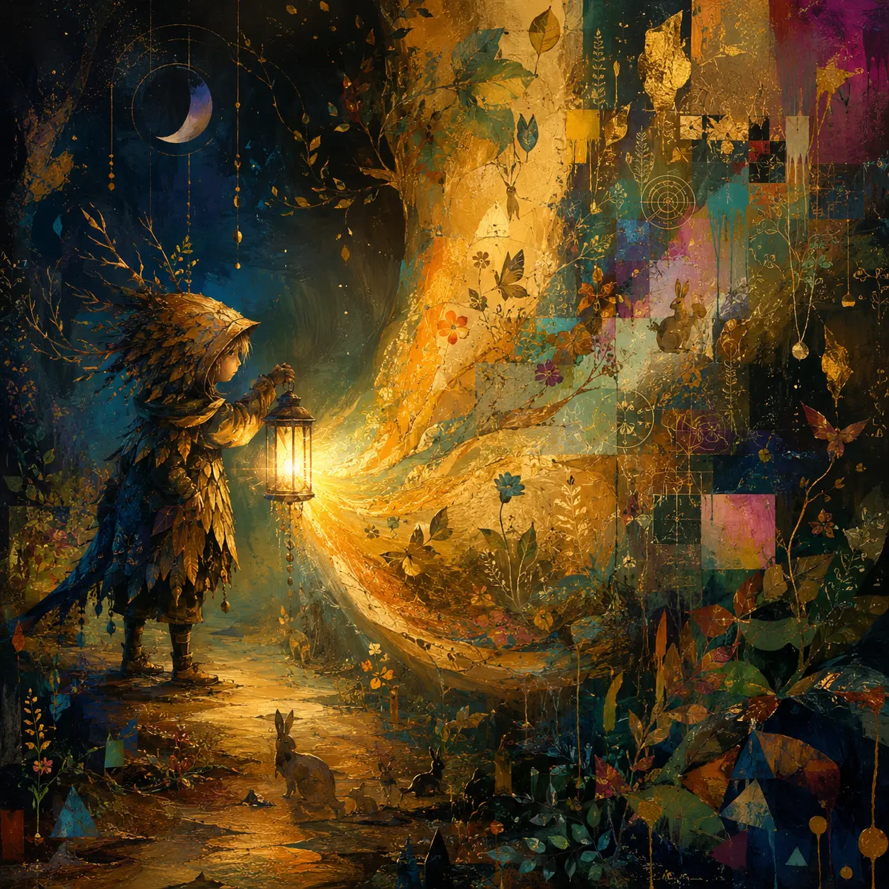 Woodland guardian with lantern painting a dreamlike forest