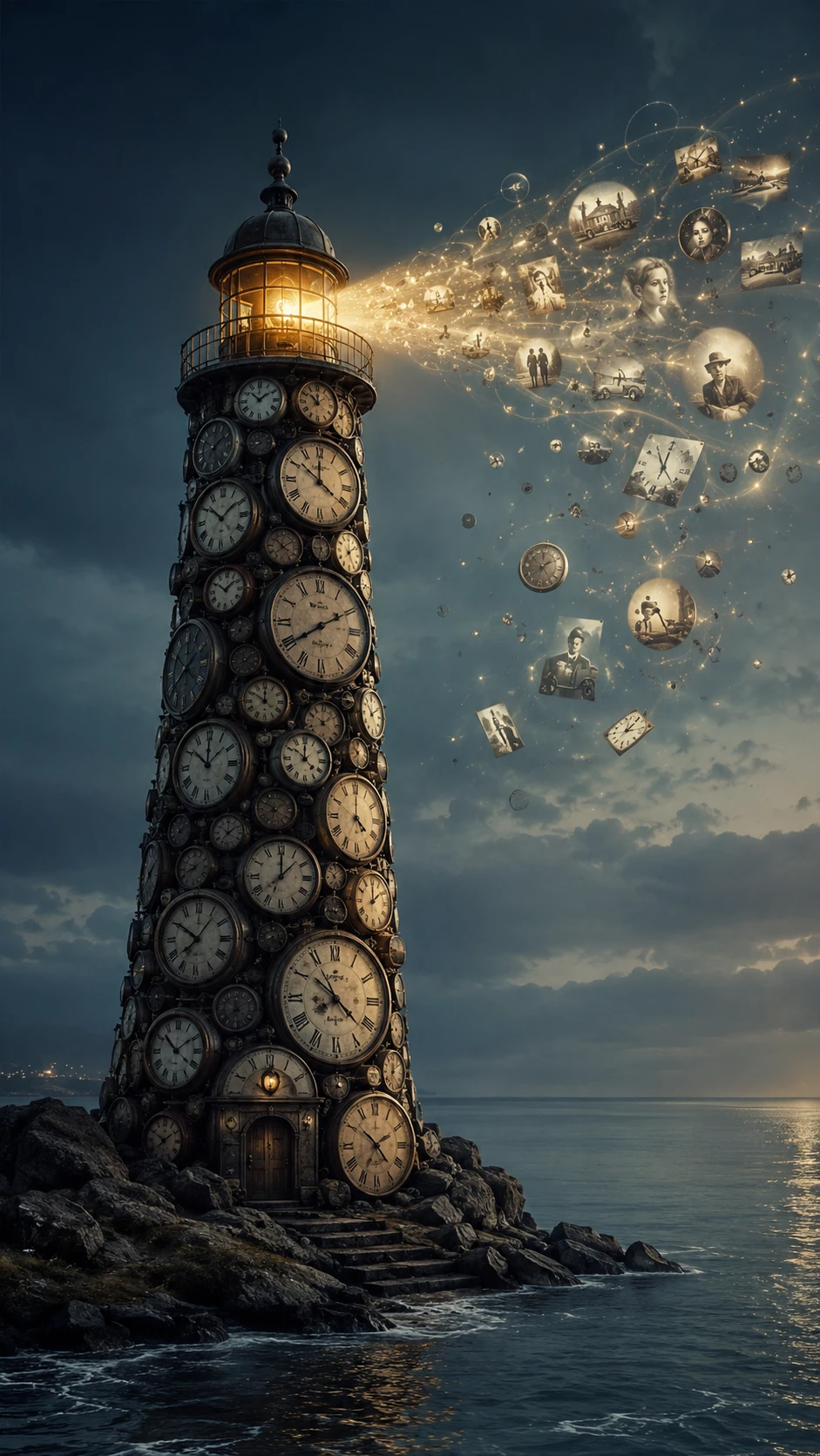 Surreal lighthouse of stacked clocks casting floating memories