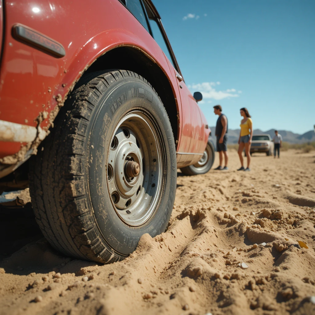 Close-up de uma roda de carro atolado no deserto quente