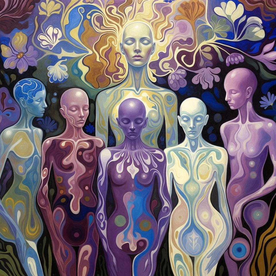 Êtres mystiques surréalistes devant une divinité androgyne et rayonnante