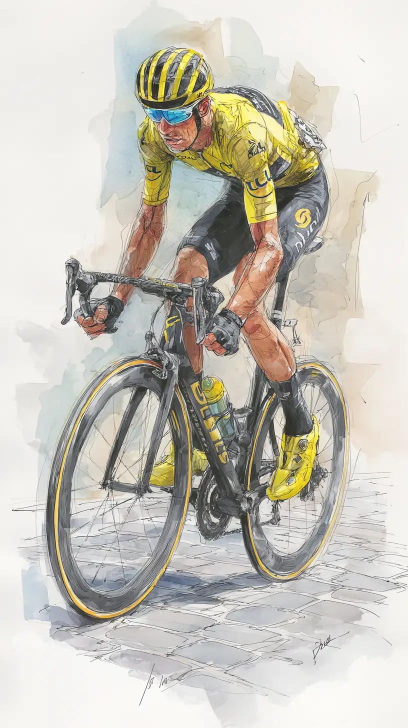 Professional cyclist in yellow racing on a modern road bike