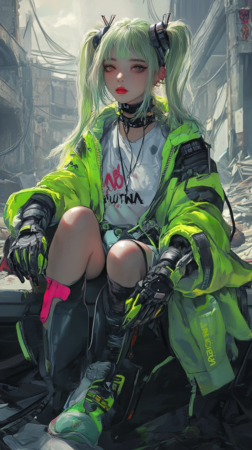 Ragazza anime su una panchina in una città futuristica in rovina