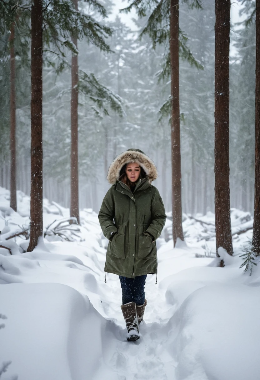 Mulher de parka pesada caminhando por floresta com neve profunda
