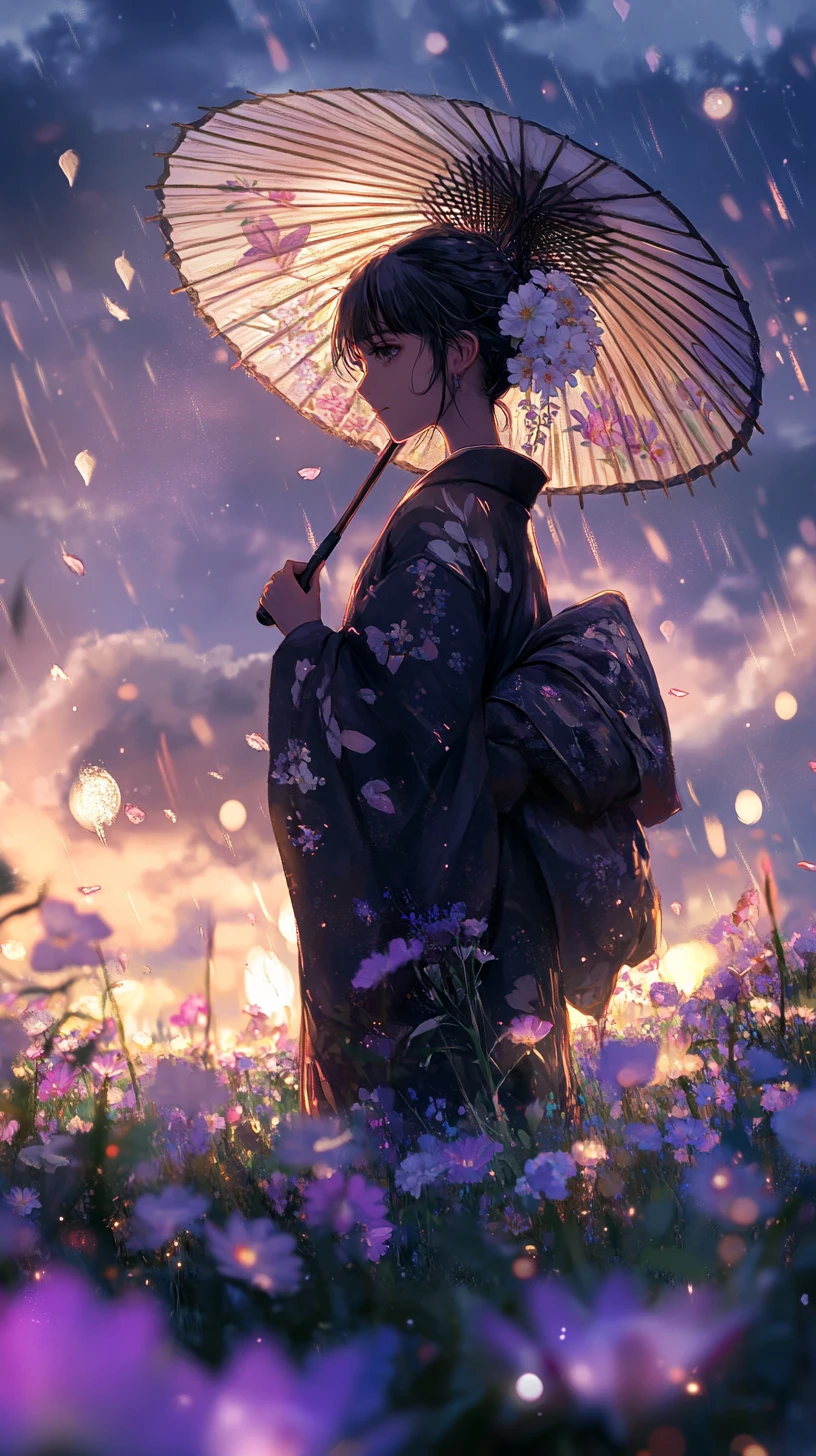 Fille en kimono avec ombrelle dans un champ de fleurs lumineuses