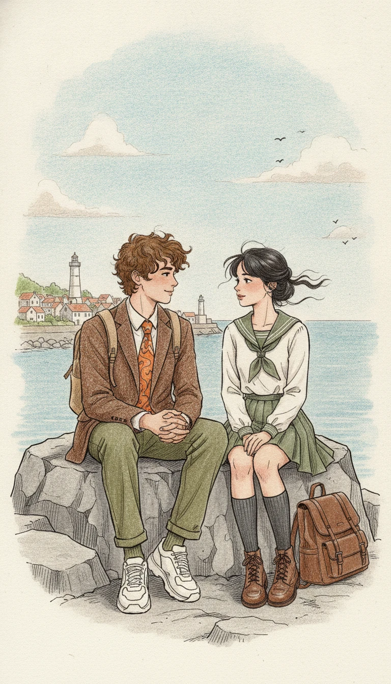 Casal adolescente conversando em rochas à beira-mar em ilustração a lápis
