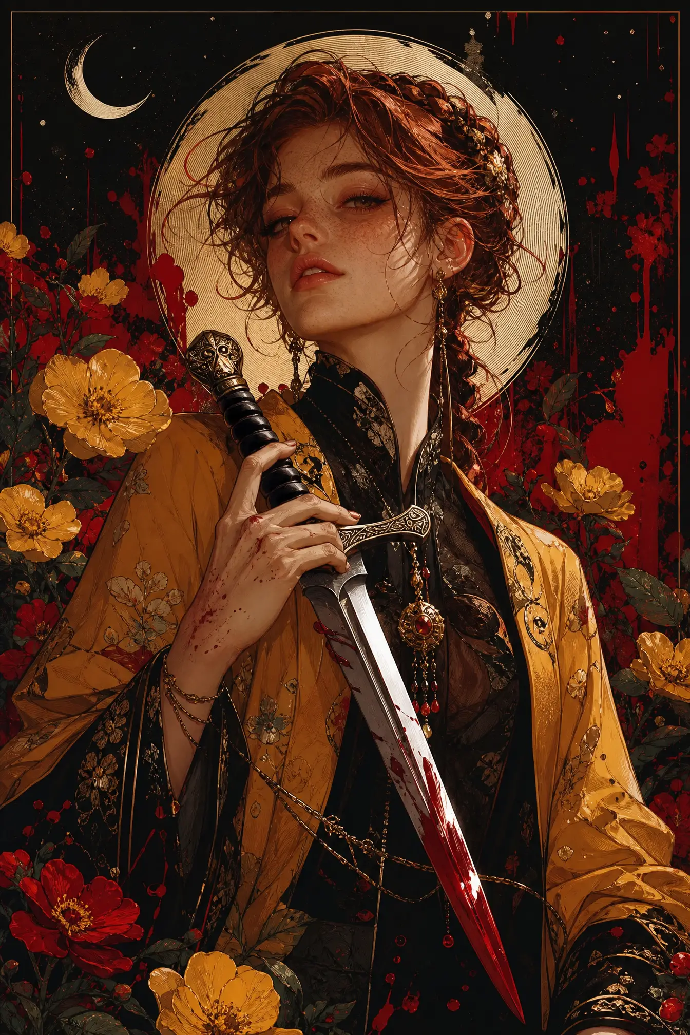 儀式風華麗時裝的奇幻女子與象徵性背景
