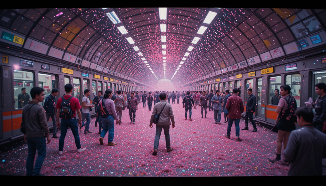 Crowded Subway Flooded By Surreal Glitter Wave
