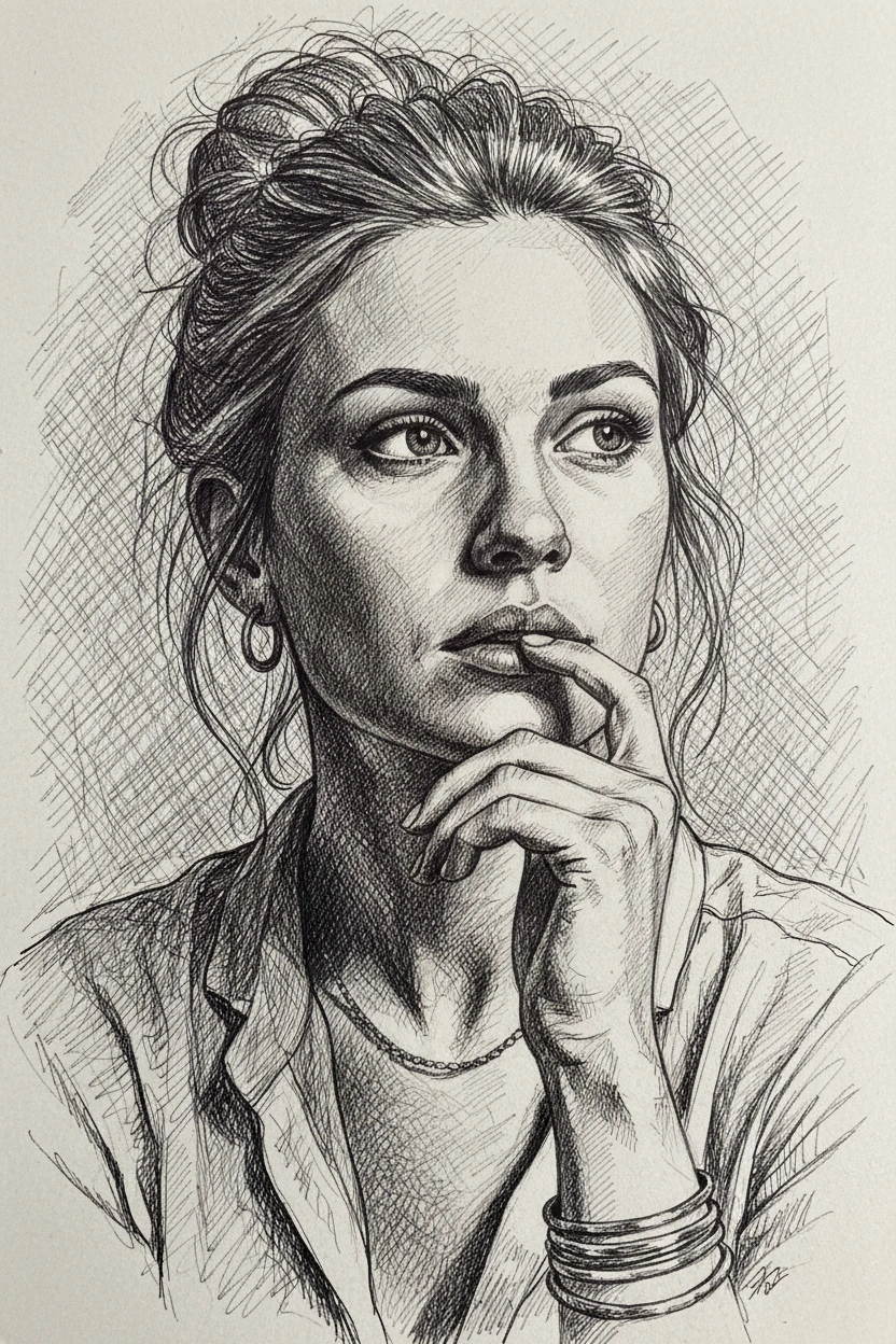 Portrait à l’encre d’une fille pensive, la main aux lèvres