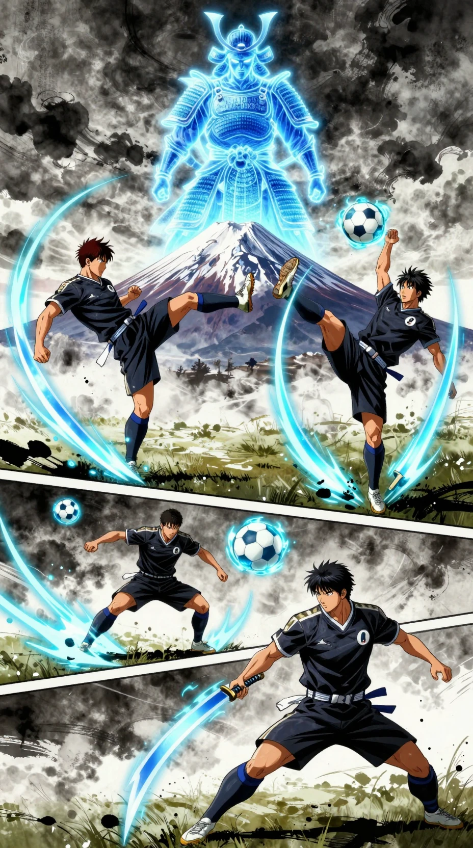 Jogadores de futebol japoneses com movimentos épicos em estilo anime