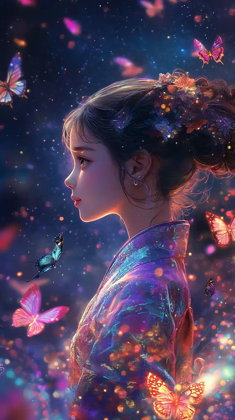Fille irisée avec des papillons lumineux sous un ciel cosmique