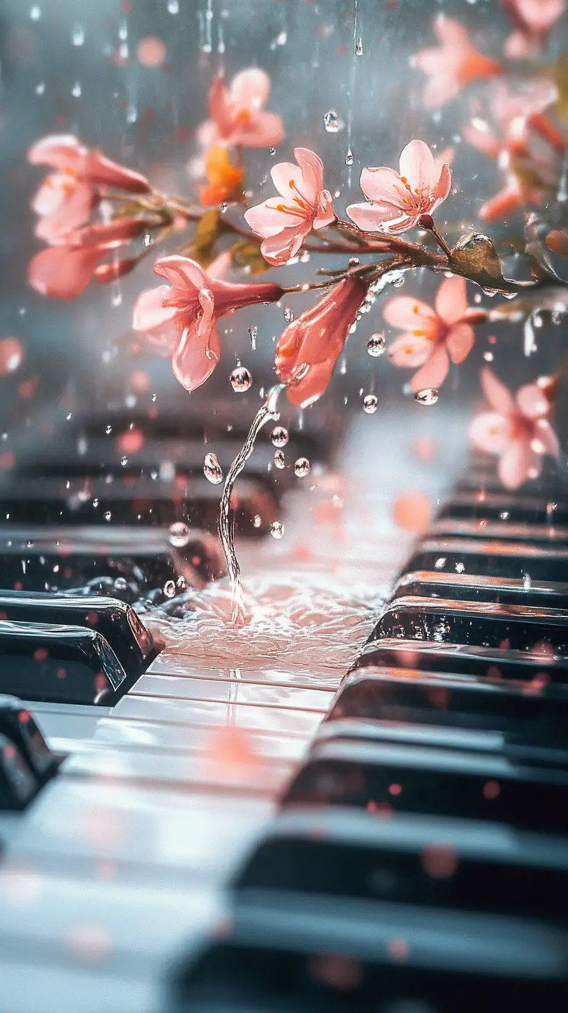 Tasti di pianoforte sotto la pioggia che si trasformano in fiori musicali in fiore