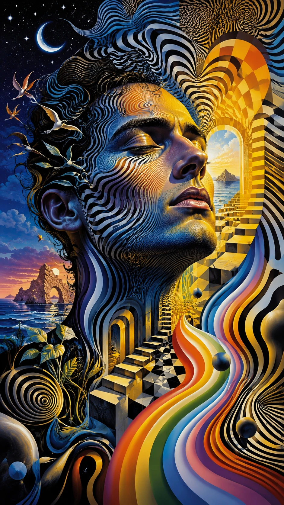 Visage masculin émergeant d’ombres géométriques arc‑en‑ciel changeantes