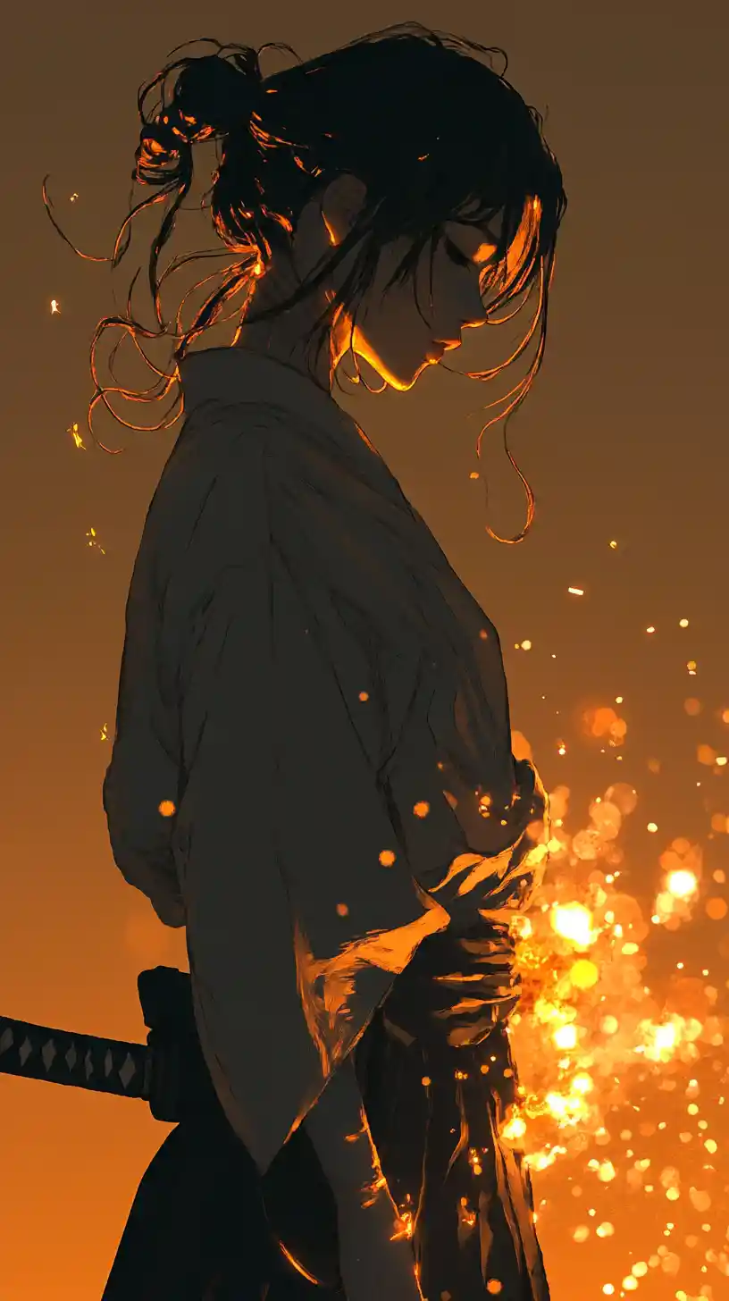 Somber anime warrior woman in glowing ember backlight