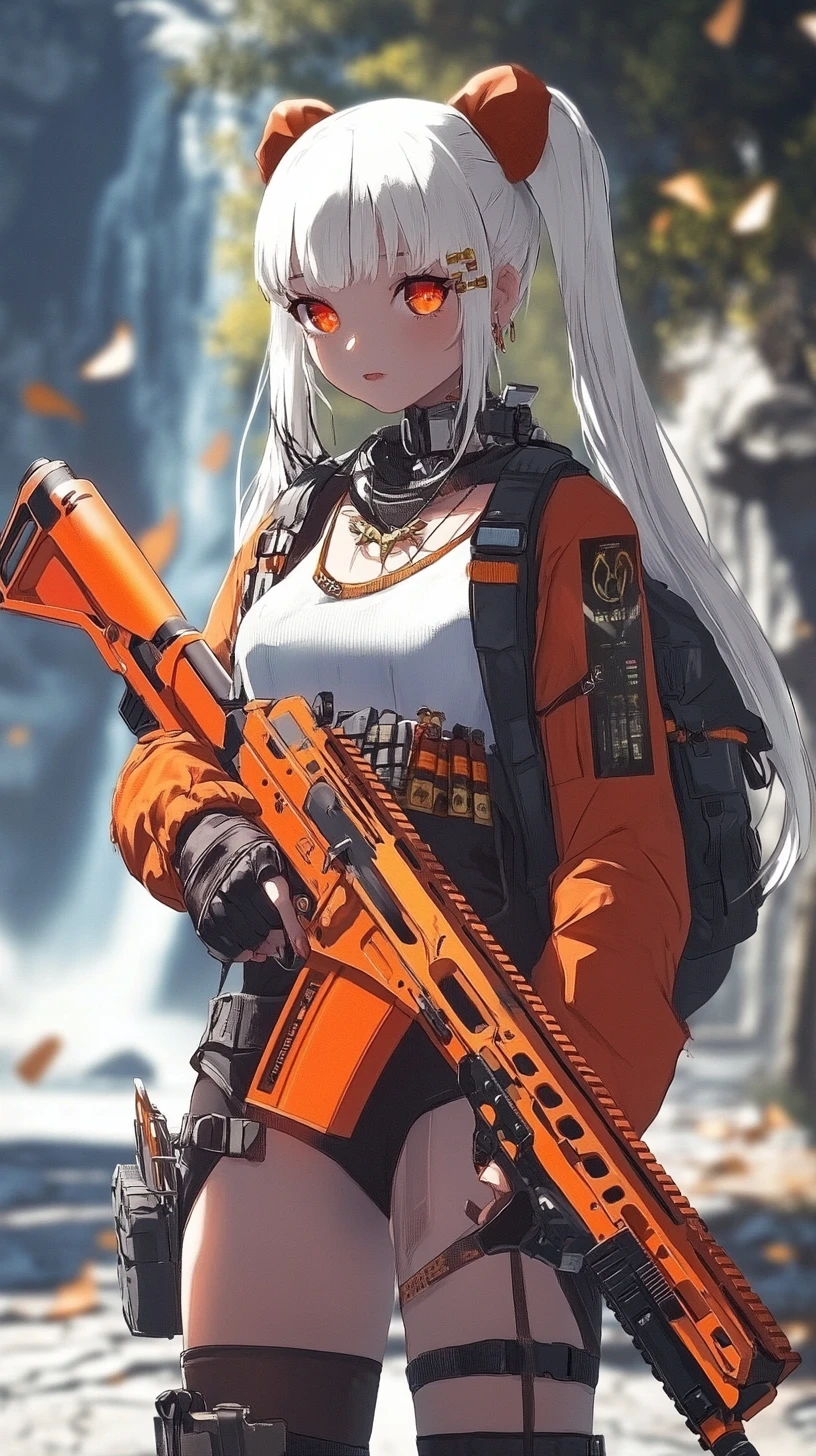 Garota de anime com fuzil de assalto gasto nas ruínas de uma rua de inverno