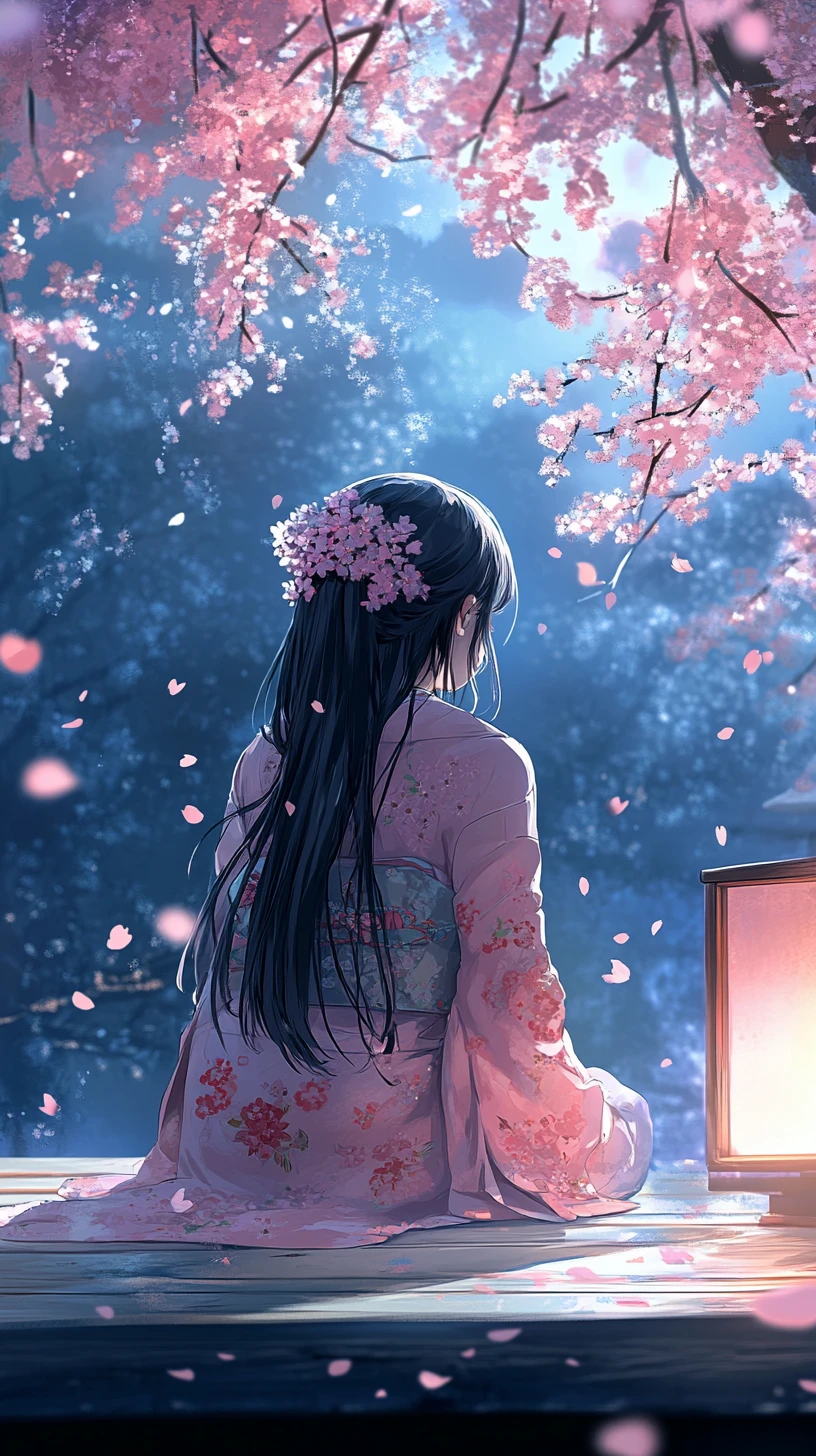 Ragazza anime in kimono rosa sotto i ciliegi in fiore di notte