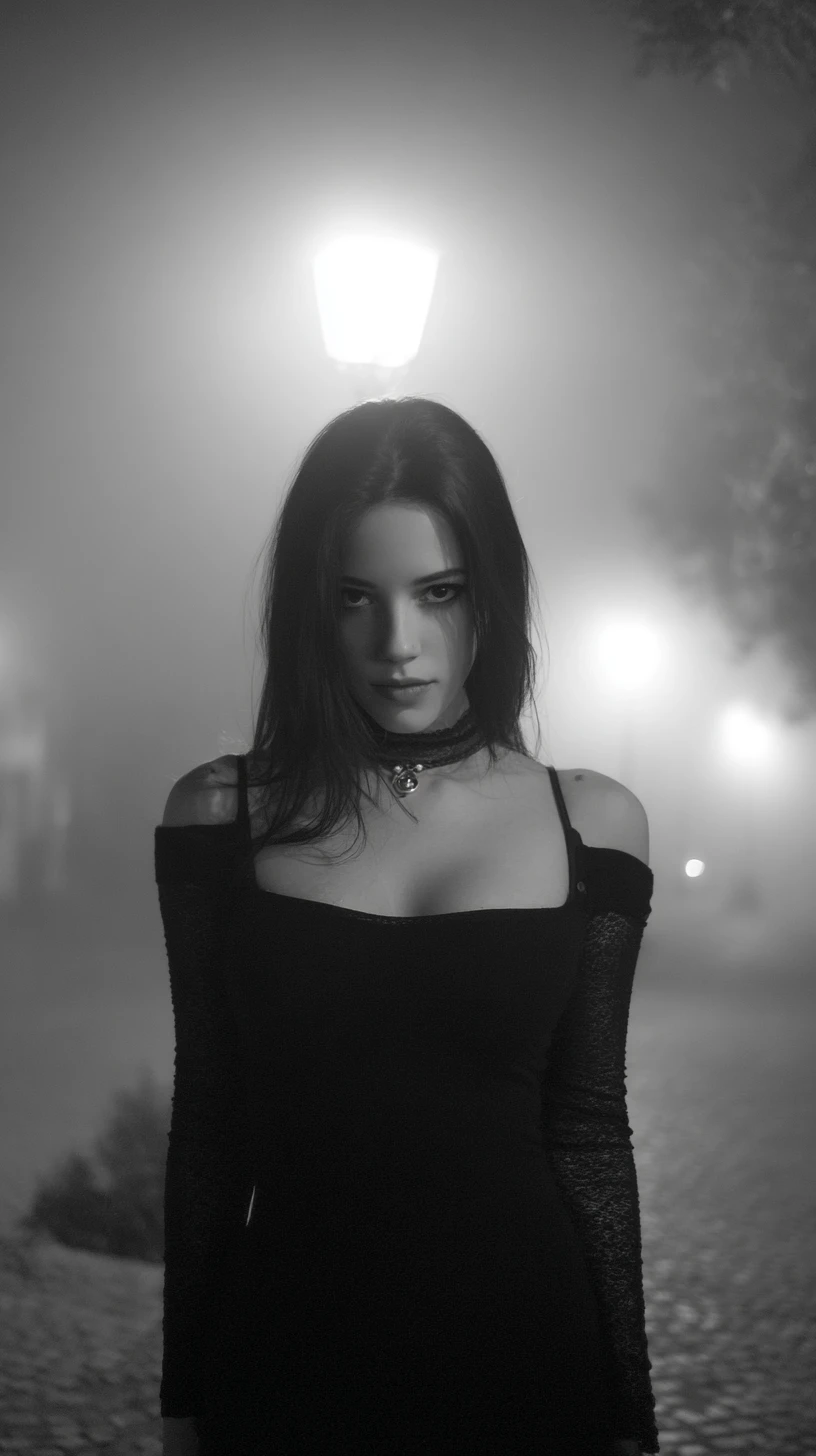 Retrato de uma mulher bonita em uma noite preta e branca com neblina