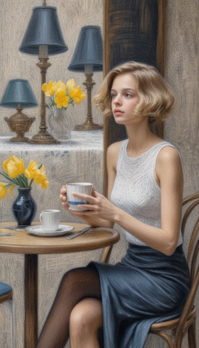 Jovem tomando café em um café aconchegante – desenho