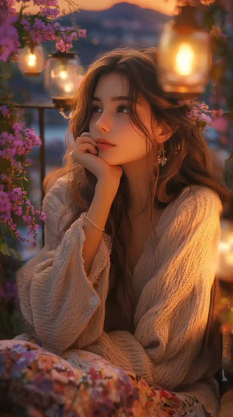 Ragazza anime su balcone floreale al tramonto dell’ora d’oro