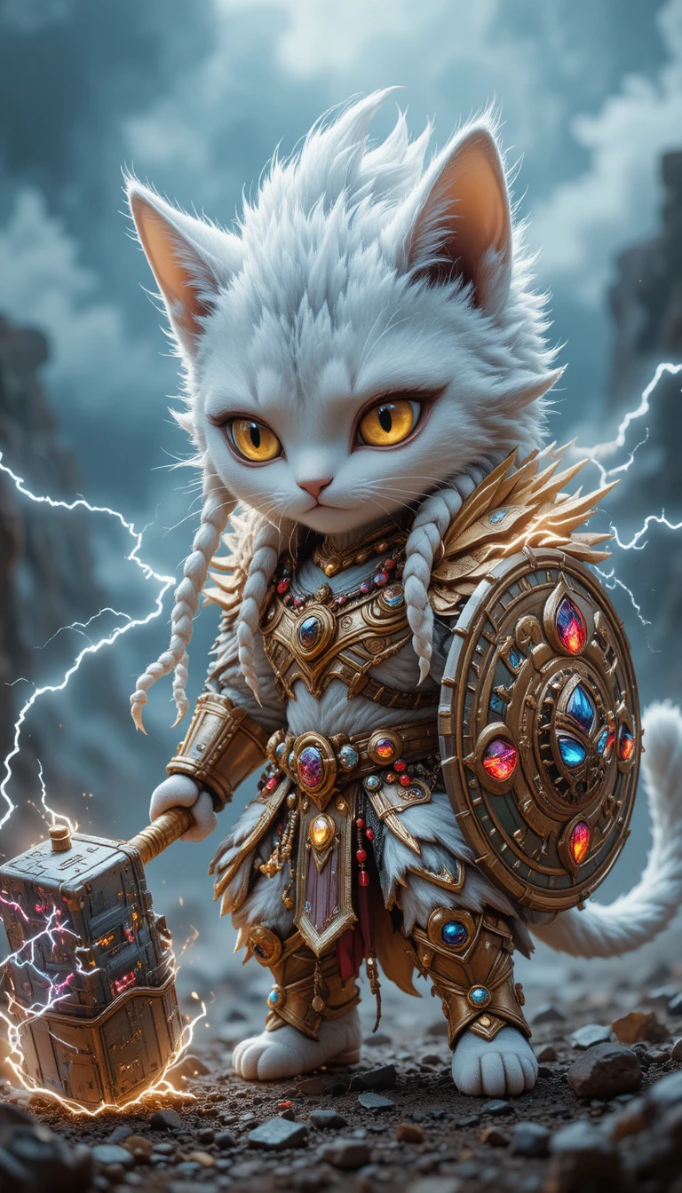 Guerrier félin chibi avec marteau sur champ de bataille orageux