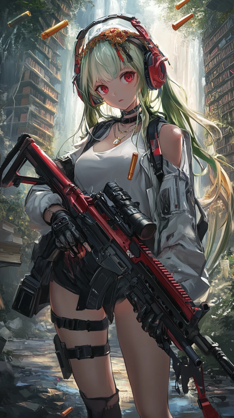 Fille anime tenant un fusil d’assaut usé en tenue d’hiver