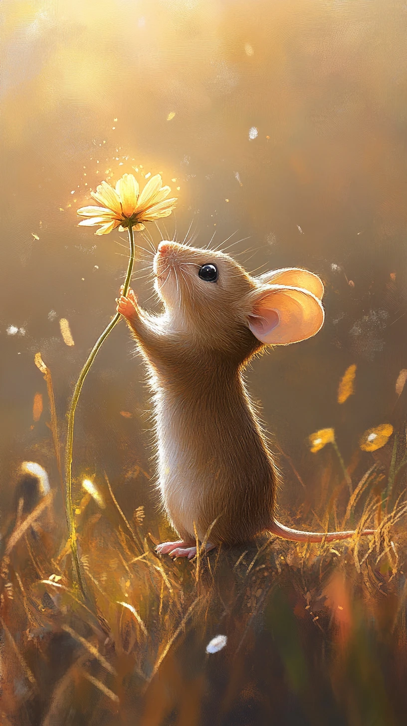 Pequeno rato-do-campo alcançando um sol de flor brilhante ao amanhecer