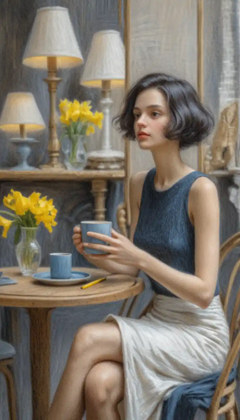 Jeune femme avec un café dans un café chaleureux – dessin