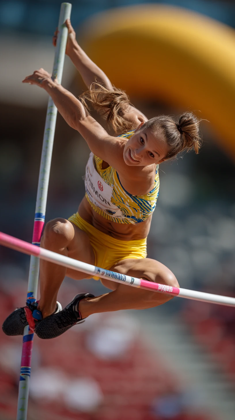 Perchiste féminine capturée en plein saut dans un stade