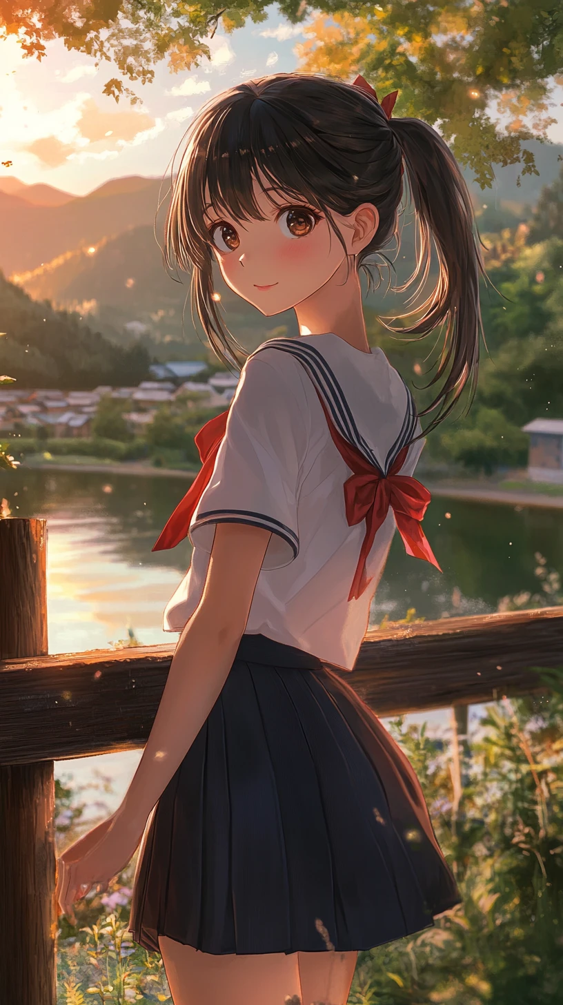 Anime-Schülerin am sonnenbeschienenen Seezaun in der Abenddämmerung