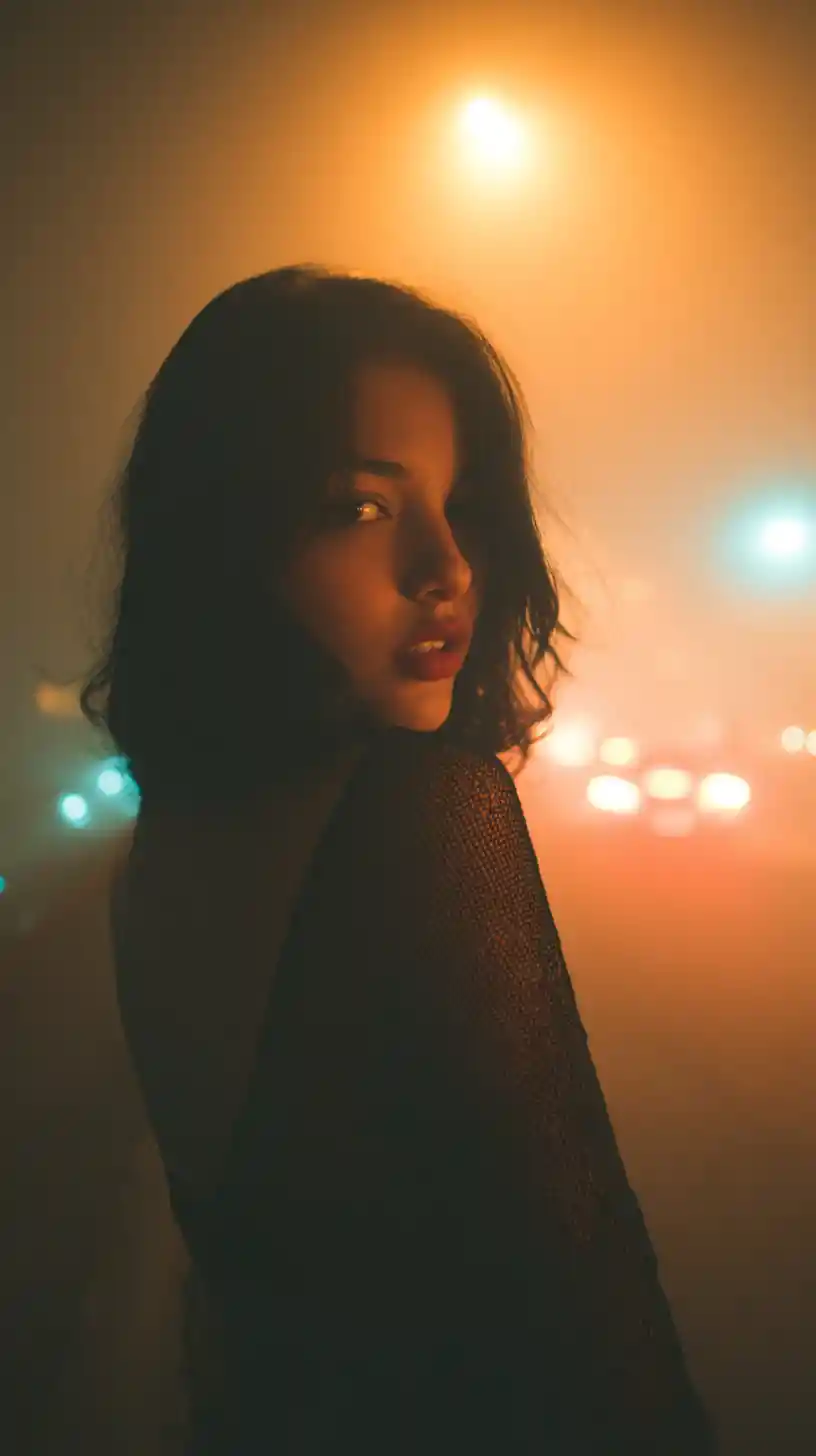 Femme mystérieuse en noir et blanc par une nuit brumeuse