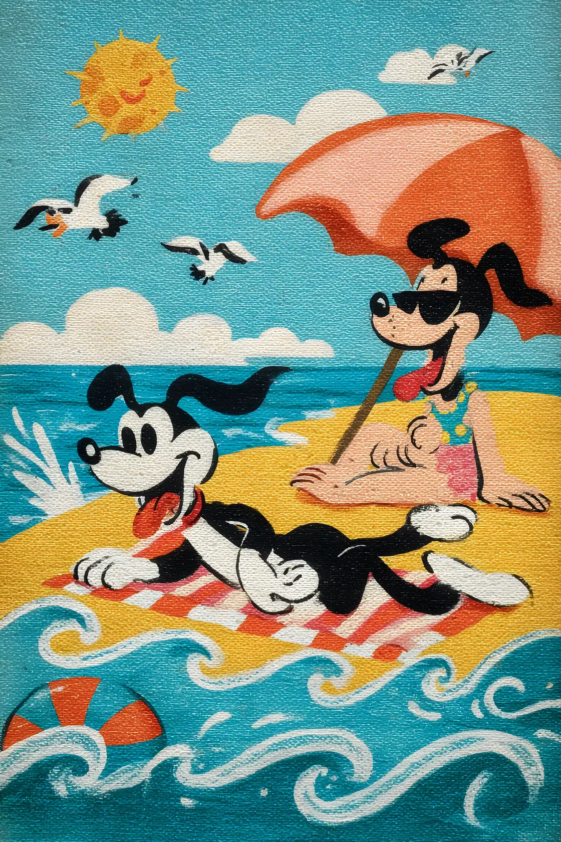 Allegro Cane Cartoon e Proprietario che si Rilassano sulla Spiaggia Estiva