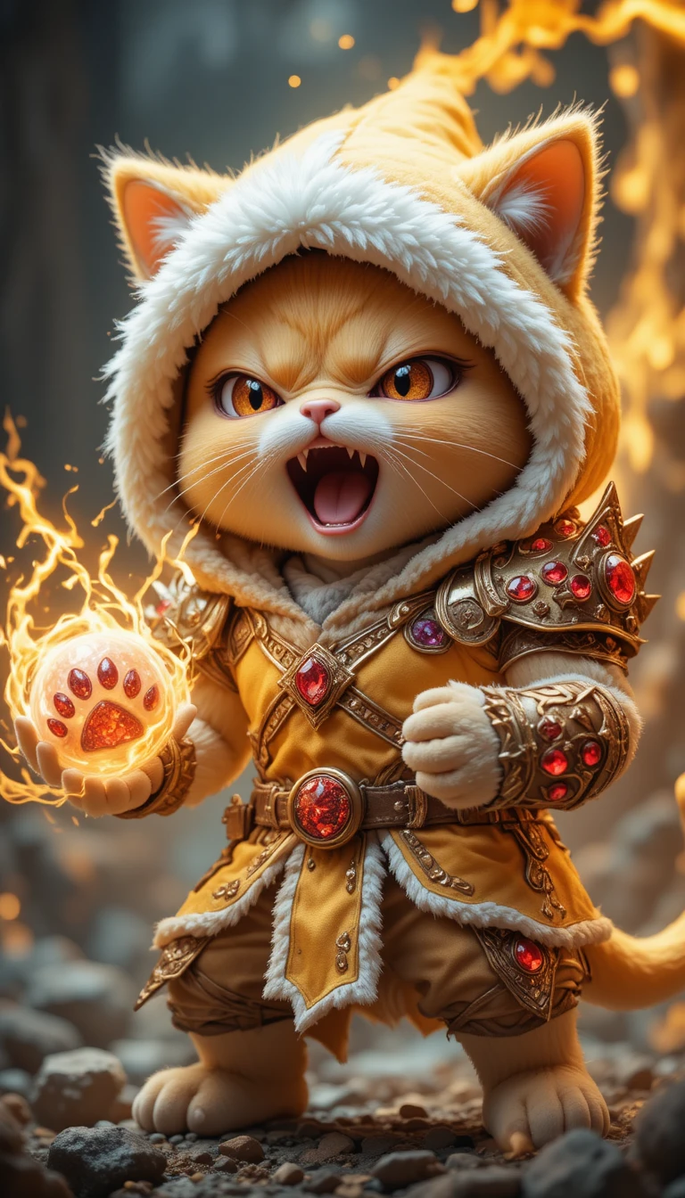Puissant guerrier chat ragdoll à l’aura élémentaire flamboyante