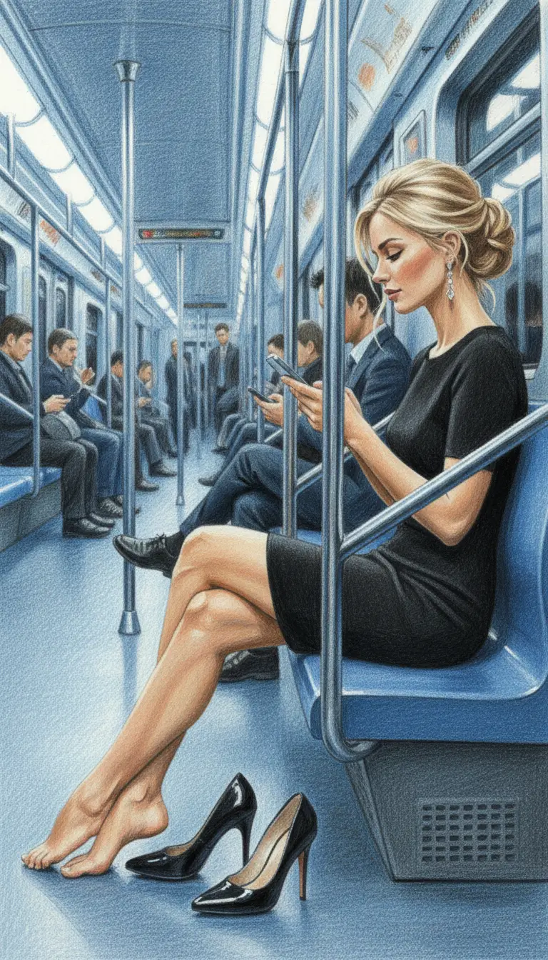 Elegant woman resting barefoot on a busy subway