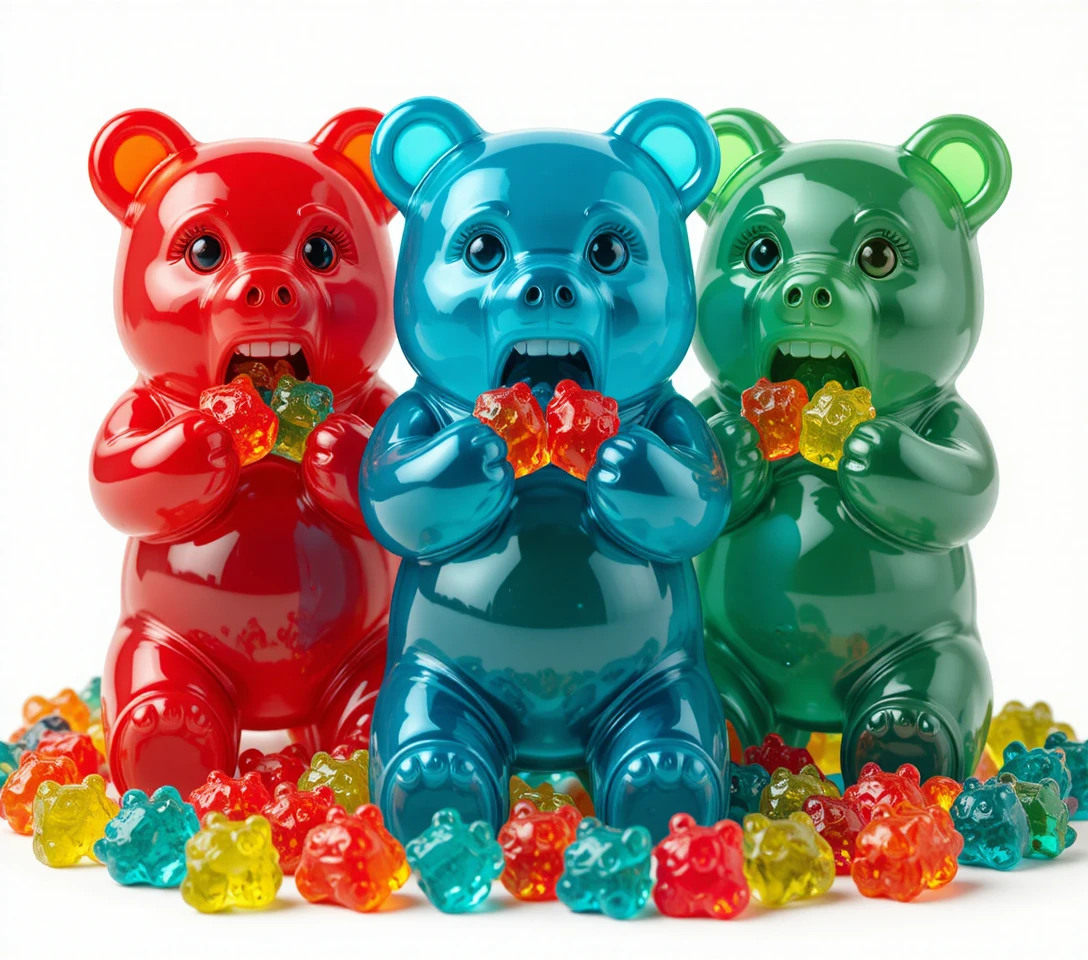 Trois oursons en gélatine colorés mangeant de minuscules bonbons acidulés