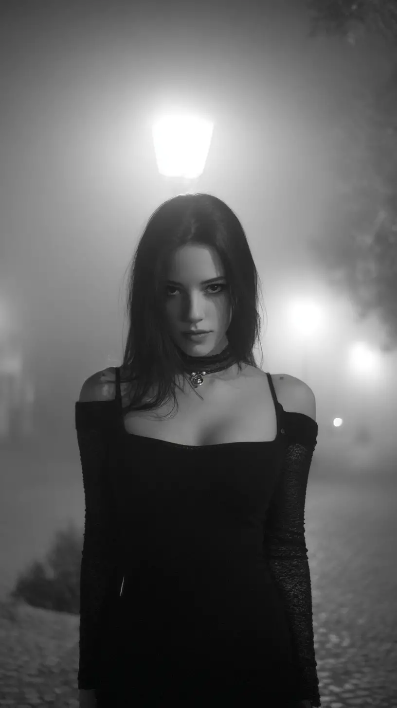Beautiful woman portrait in a foggy black and white night