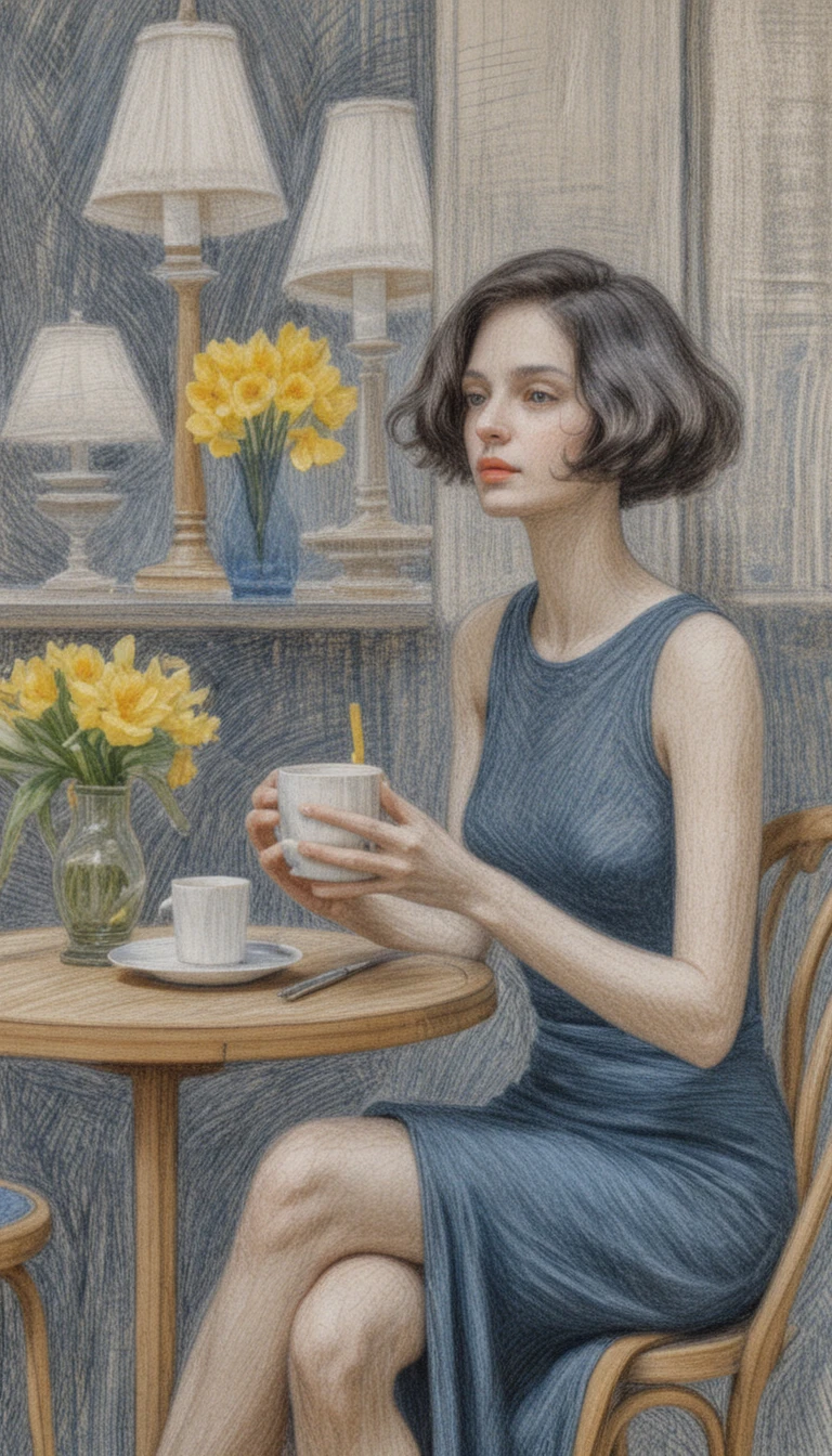 Jovem mulher com café em um café de estilo vintage – ilustração