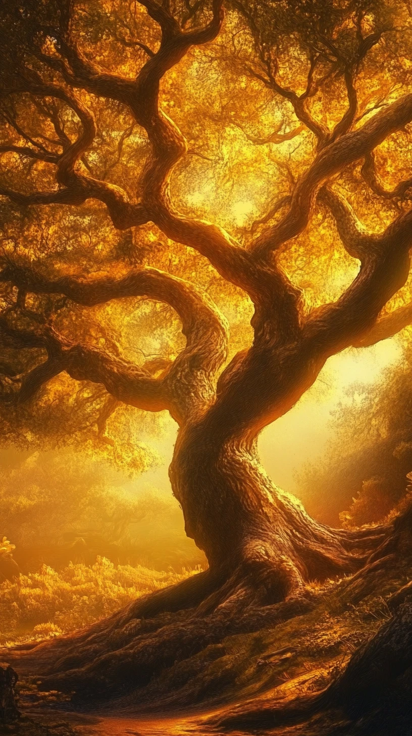 Antico albero che abbraccia viaggiatori stanchi in una calda luce dorata