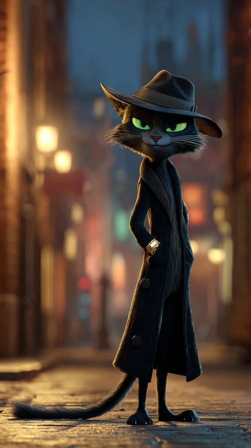 Chat gangster avec fedora posant dans une ruelle urbaine sombre