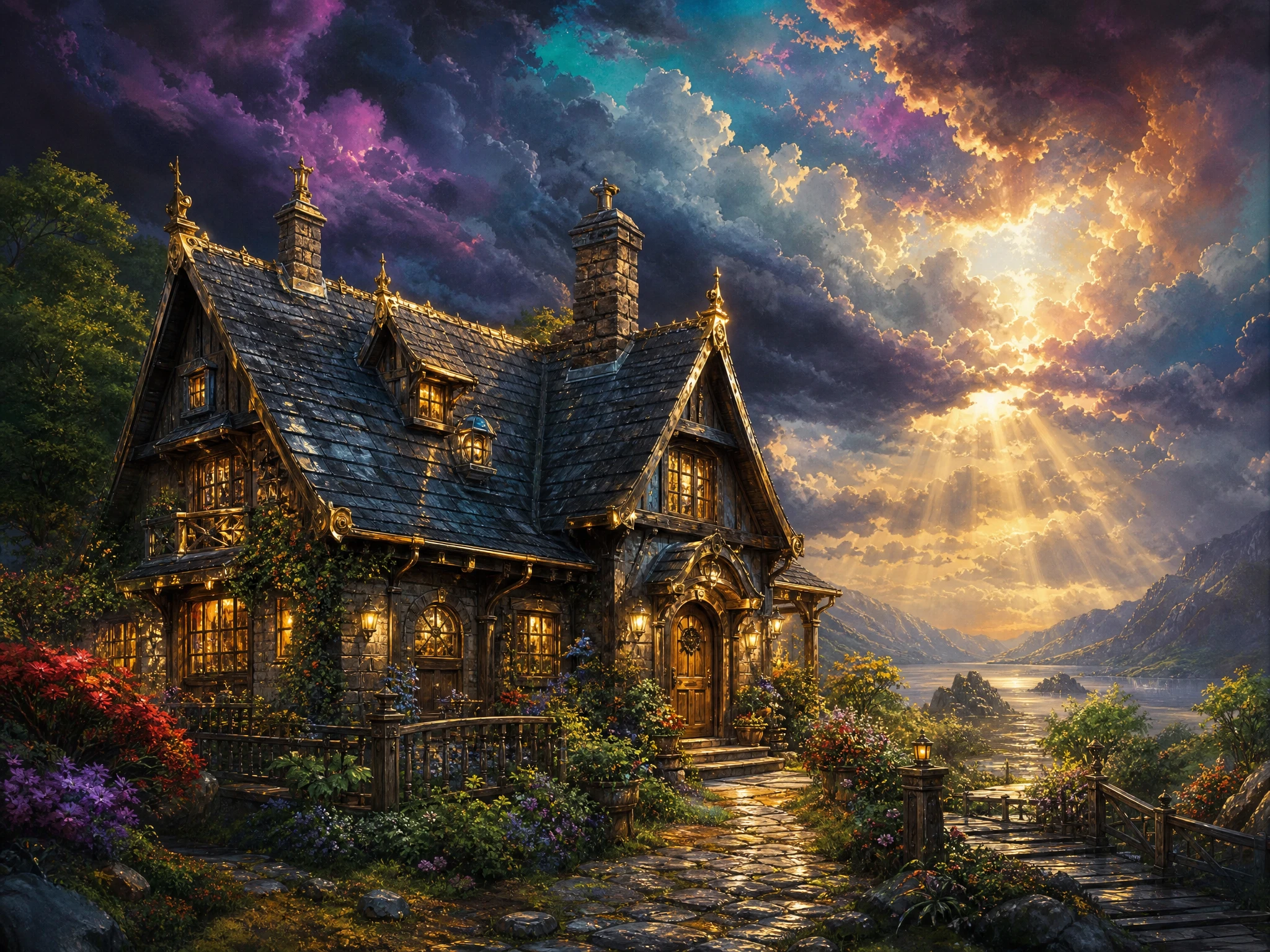 Encantador Cottage Bajo Dramáticos Cielos de Tormenta Fantástica