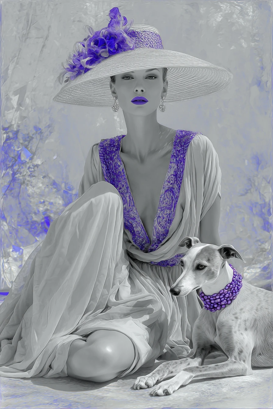 Mulher elegante em vestido violeta com cão em fundo abstrato