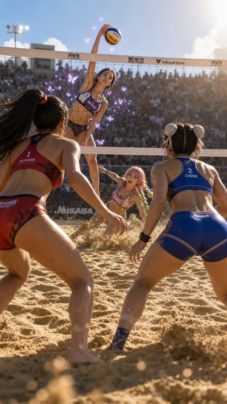 逆光下充滿動感的女子沙灘排球賽事