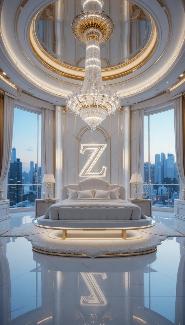 Chambre de luxe en cristal blanc et or avec lit flottant