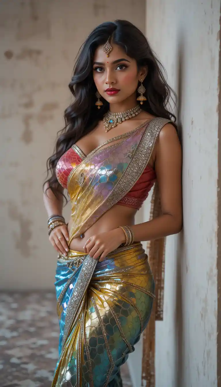 素朴な室内でポーズをとる光沢サリーのインド人女性