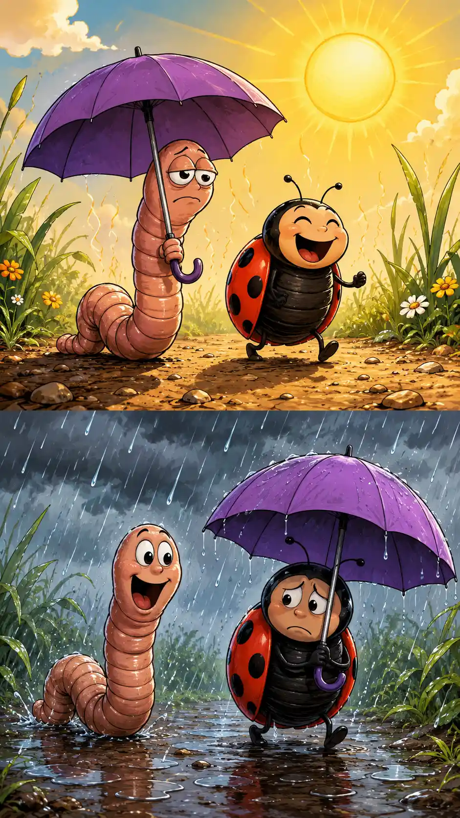 Regenwurm und Marienkäfer laufen gemeinsam unter der heißen Sonne